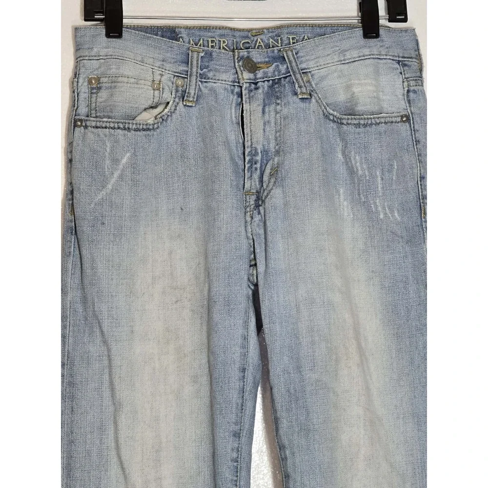 American Eagle Original Straight Jeans Men's 28x30 Light Wash Distressed Denim
